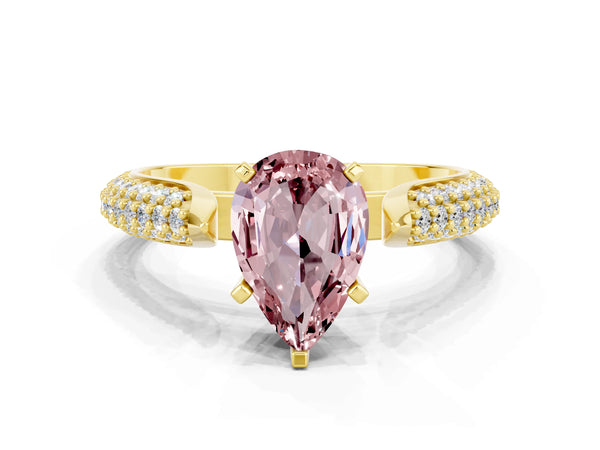 Yellow gold Pear Cut Diamond Solitaire Engagement Ring with Pavé Band and Four-Prong Setting