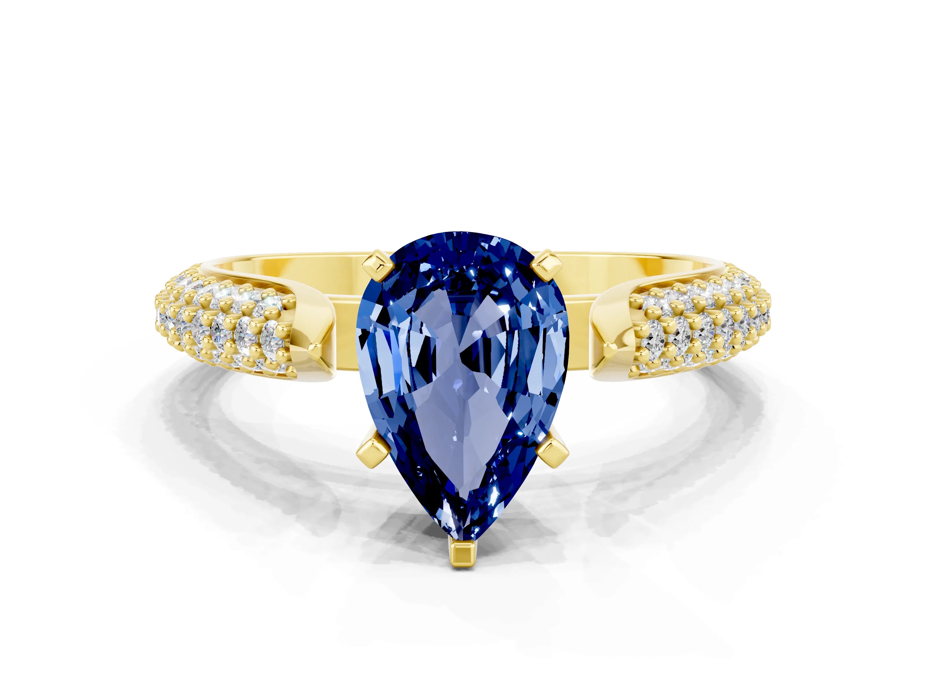 Yellow gold Pear Cut Diamond Solitaire Engagement Ring with Pavé Band and Four-Prong Setting