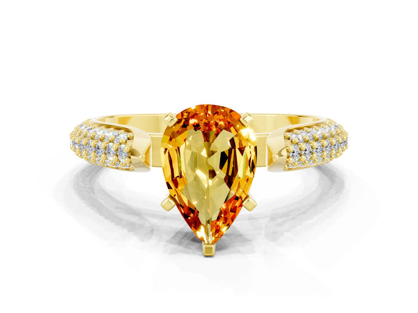 Yellow gold Pear Cut Citrine Solitaire Engagement Ring with Multi-Row Round Pavé Band and Prong Setting