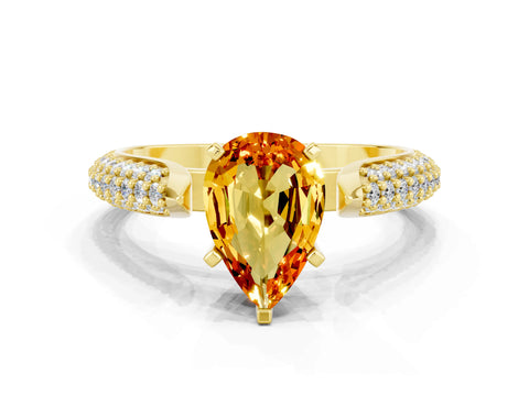 Yellow gold Pear Cut Diamond Solitaire Engagement Ring with Pavé Band and Four-Prong Setting