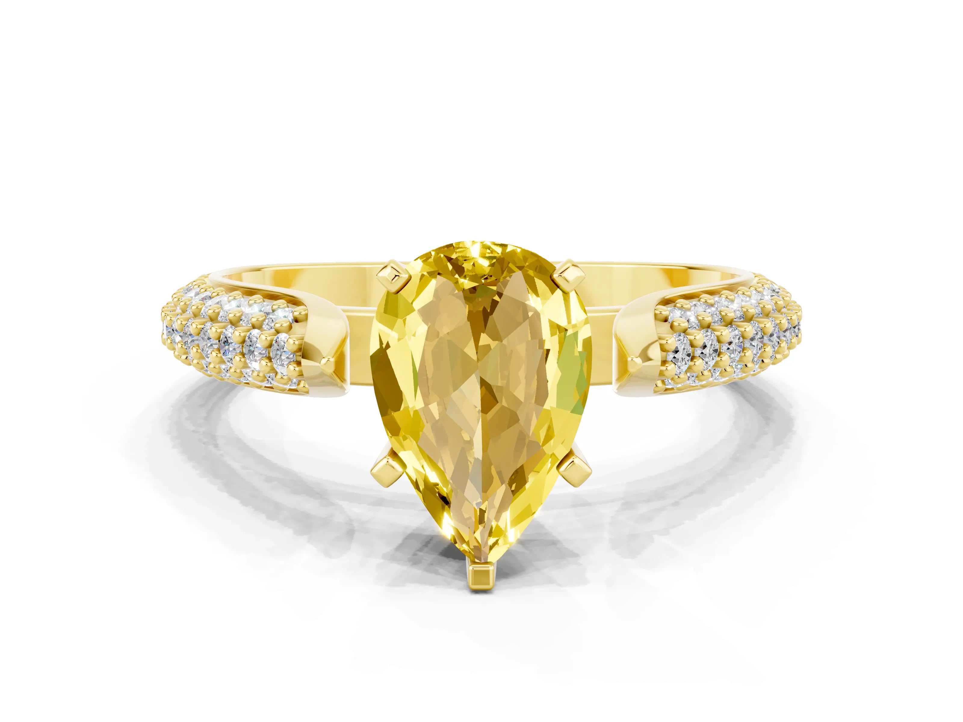Yellow gold Pear Cut Diamond Solitaire Engagement Ring with Pavé Band and Four-Prong Setting