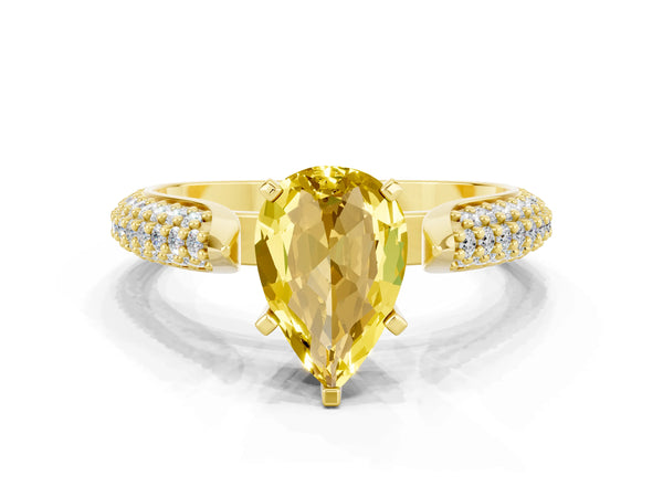 Yellow gold Pear Cut Yellow Sapphire Solitaire Engagement Ring with Multi-Row Round Pavé Band and Prong Setting