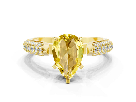 Yellow gold Pear Cut Diamond Solitaire Engagement Ring with Pavé Band and Four-Prong Setting