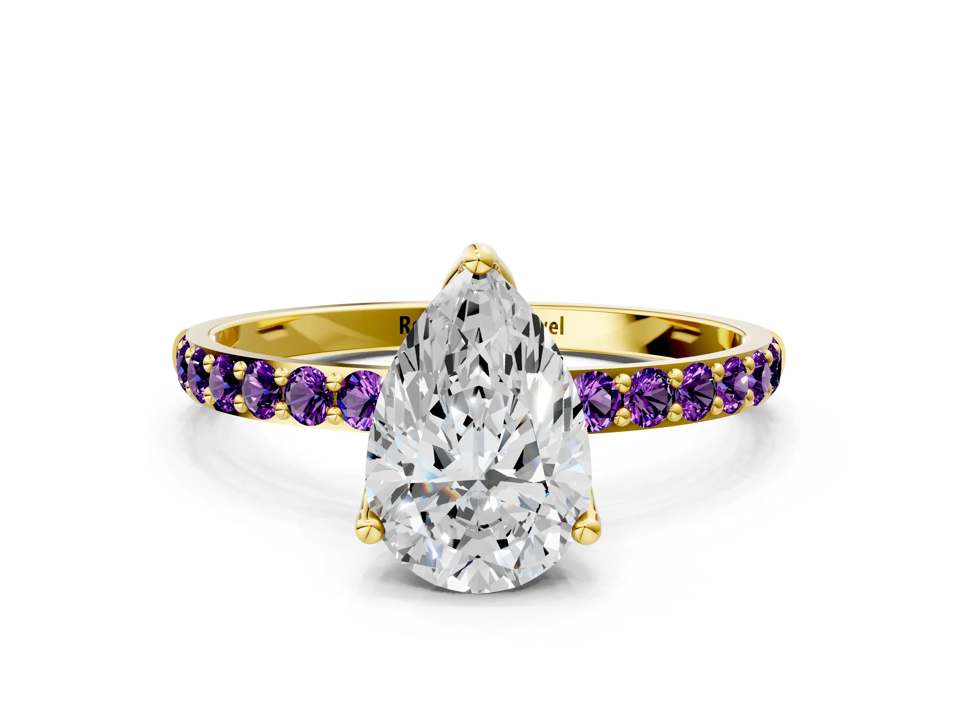 Yellow gold Pear Cut Diamond Solitaire Engagement Ring with Round with Amethyst side stone Pavé Band and Prong Setting