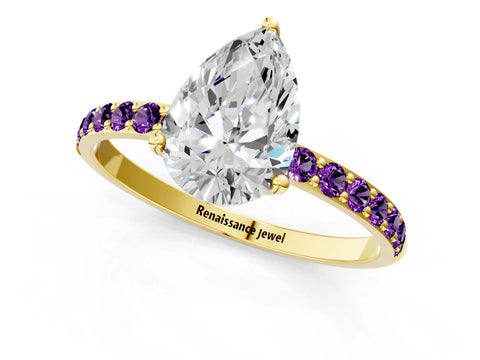 Yellow gold Pear Cut Diamond Solitaire Engagement Ring with Round with Amethyst side stone Pavé Band and Prong Setting_1