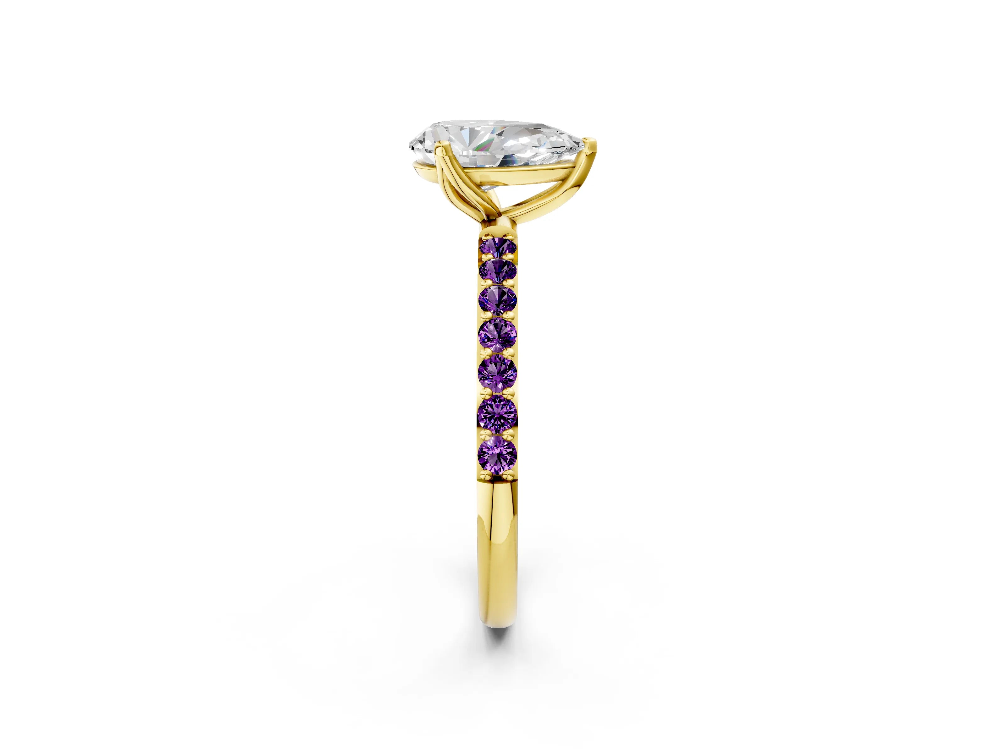 Yellow gold Pear Cut Diamond Solitaire Engagement Ring with Round with Amethyst side stone Pavé Band and Prong Setting_2