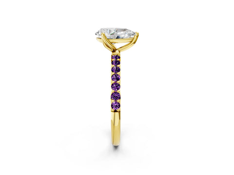 Yellow gold Pear Cut Diamond Solitaire Engagement Ring with Round with Amethyst side stone Pavé Band and Prong Setting_2