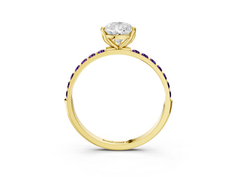 Yellow gold Pear Cut Diamond Solitaire Engagement Ring with Round with Amethyst side stone Pavé Band and Prong Setting_3