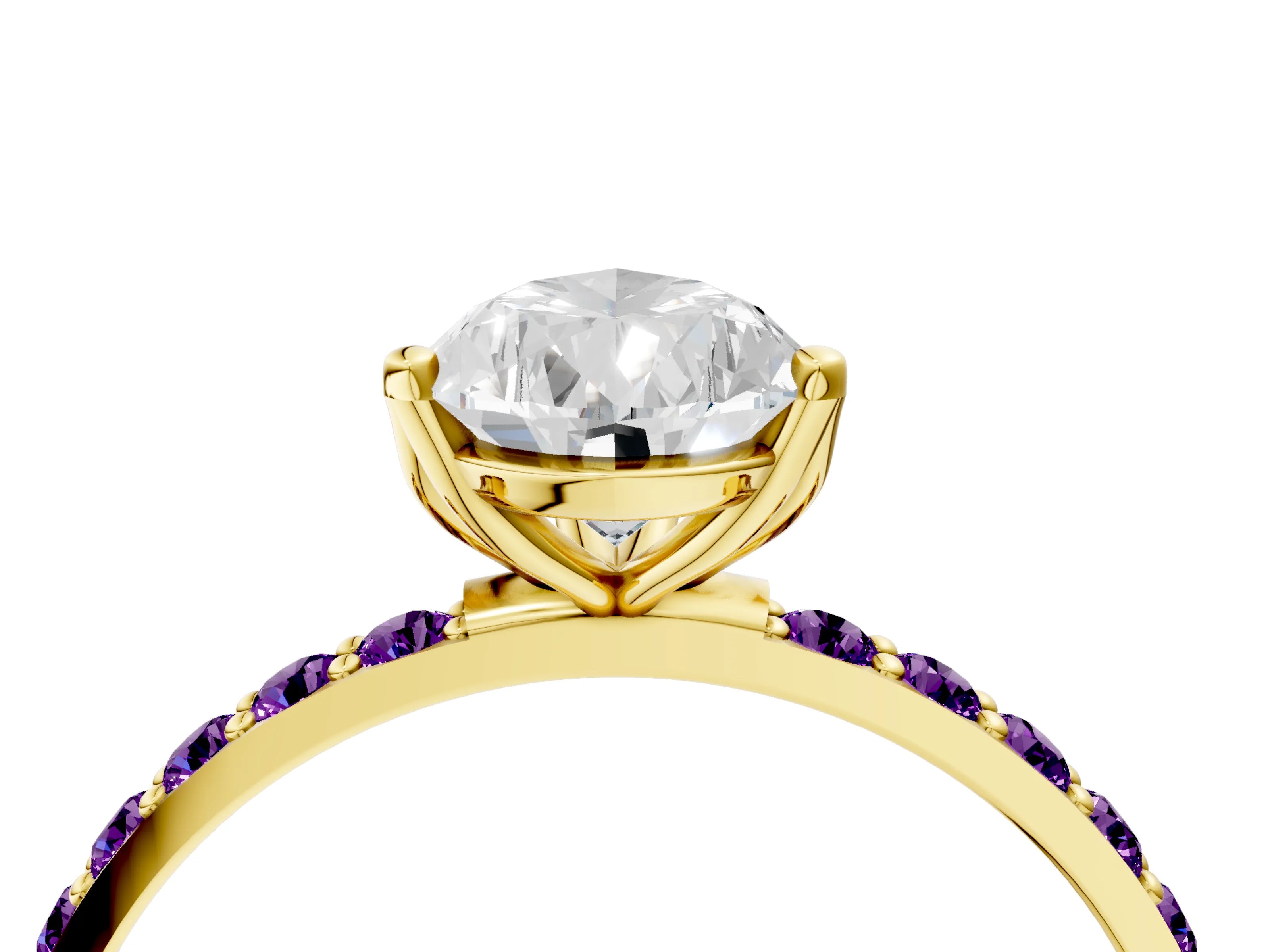 Yellow gold Pear Cut Diamond Solitaire Engagement Ring with Round with Amethyst side stone Pavé Band and Prong Setting_4
