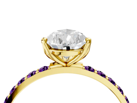 Yellow gold Pear Cut Diamond Solitaire Engagement Ring with Round with Amethyst side stone Pavé Band and Prong Setting_4