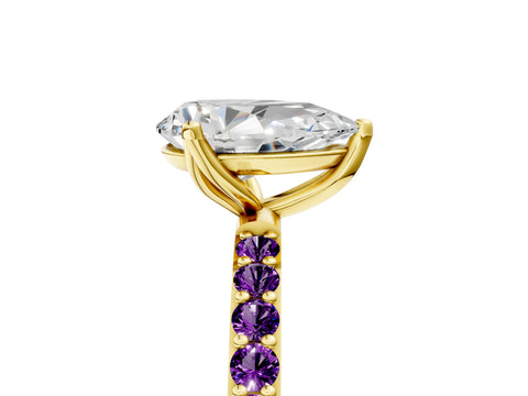 Yellow gold Pear Cut Diamond Solitaire Engagement Ring with Round with Amethyst side stone Pavé Band and Prong Setting_5