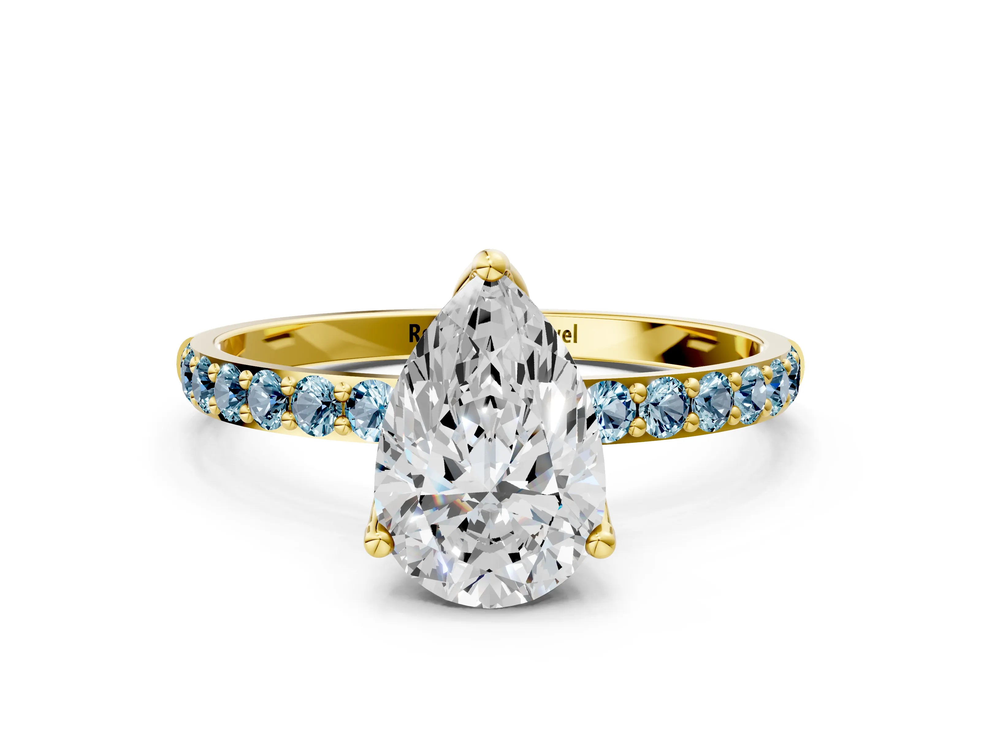 Yellow gold Pear Cut Diamond Solitaire Engagement Ring with Round with Aquamarine side stone Pavé Band and Prong Setting