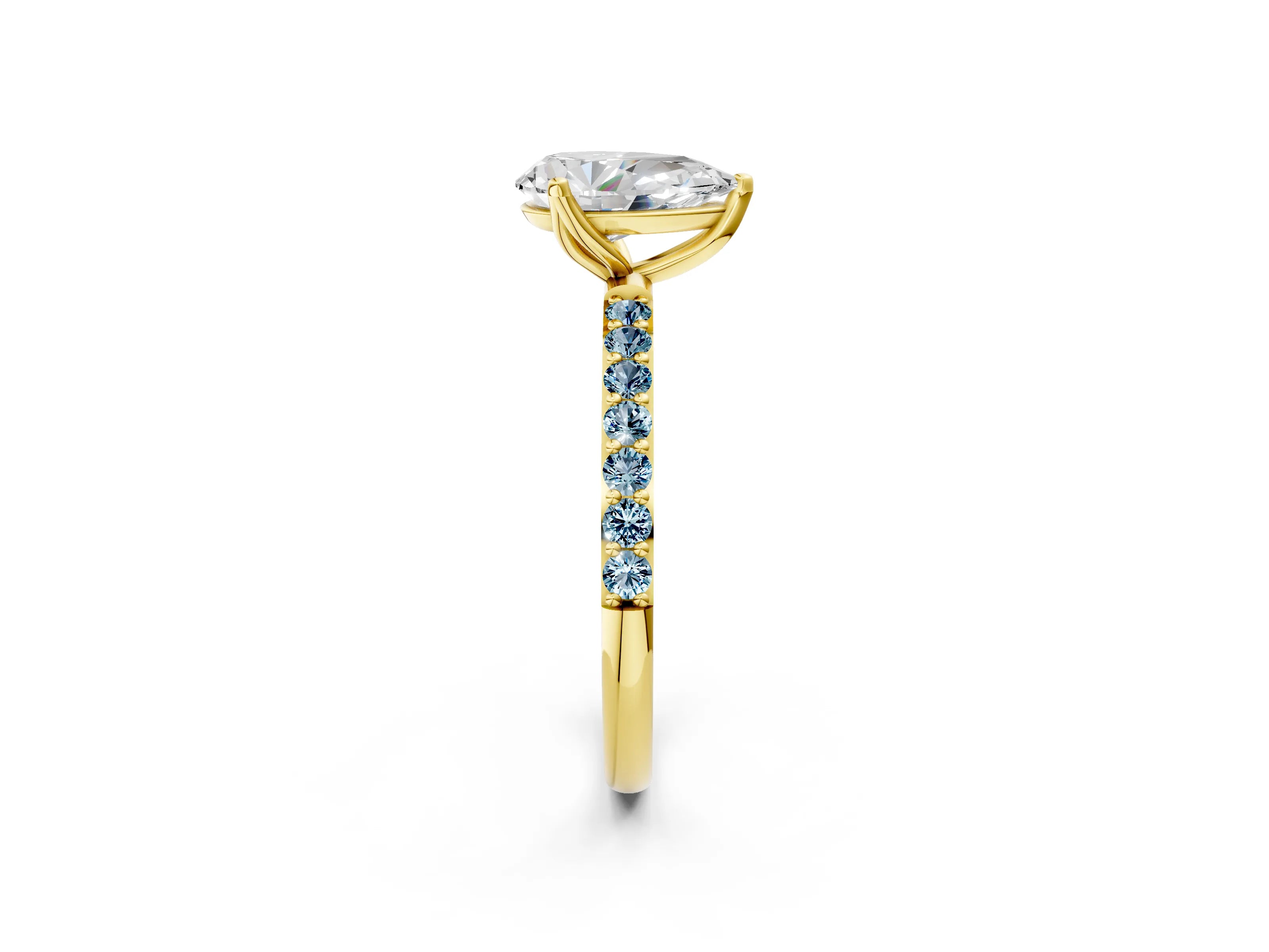 Yellow gold Pear Cut Diamond Solitaire Engagement Ring with Round with Aquamarine side stone Pavé Band and Prong Setting_2