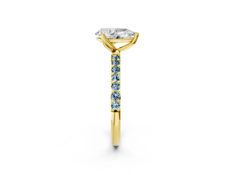 Yellow gold Pear Cut Diamond Solitaire Engagement Ring with Round with Aquamarine side stone Pavé Band and Prong Setting_2