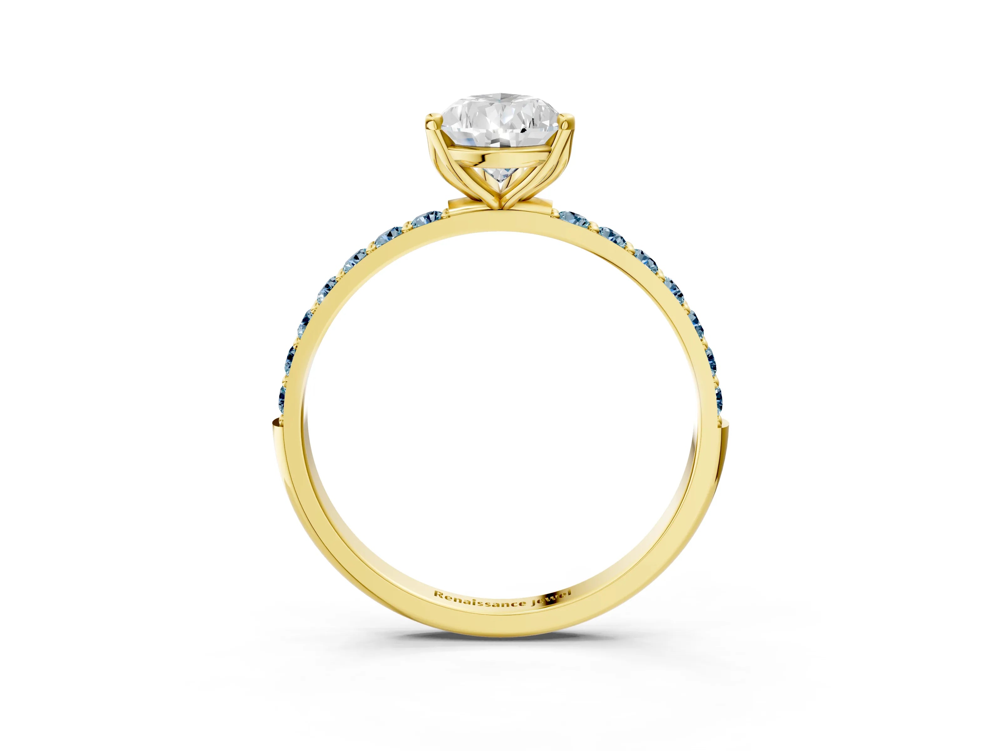 Yellow gold Pear Cut Diamond Solitaire Engagement Ring with Round with Aquamarine side stone Pavé Band and Prong Setting_3