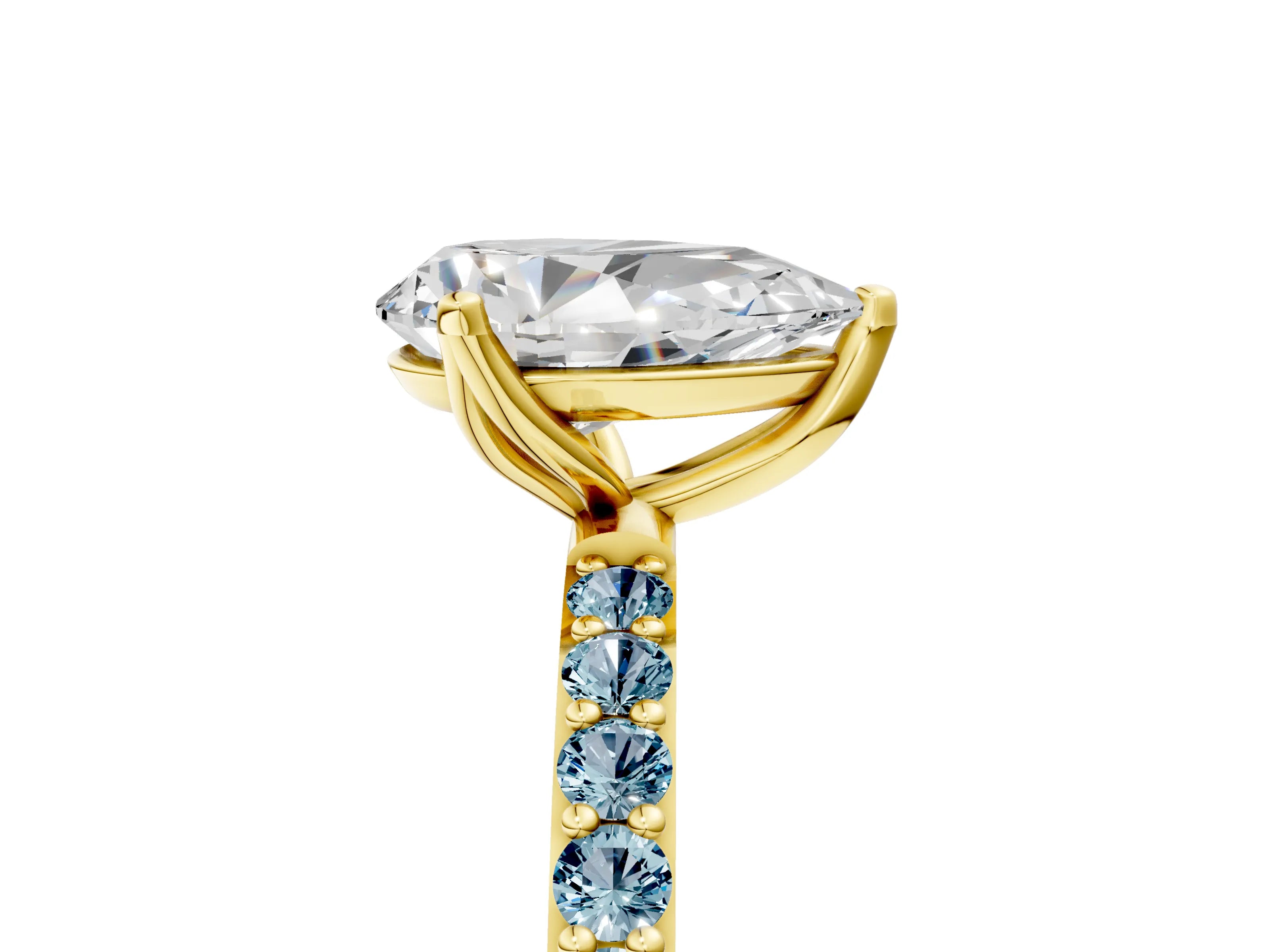 Yellow gold Pear Cut Diamond Solitaire Engagement Ring with Round with Aquamarine side stone Pavé Band and Prong Setting_5