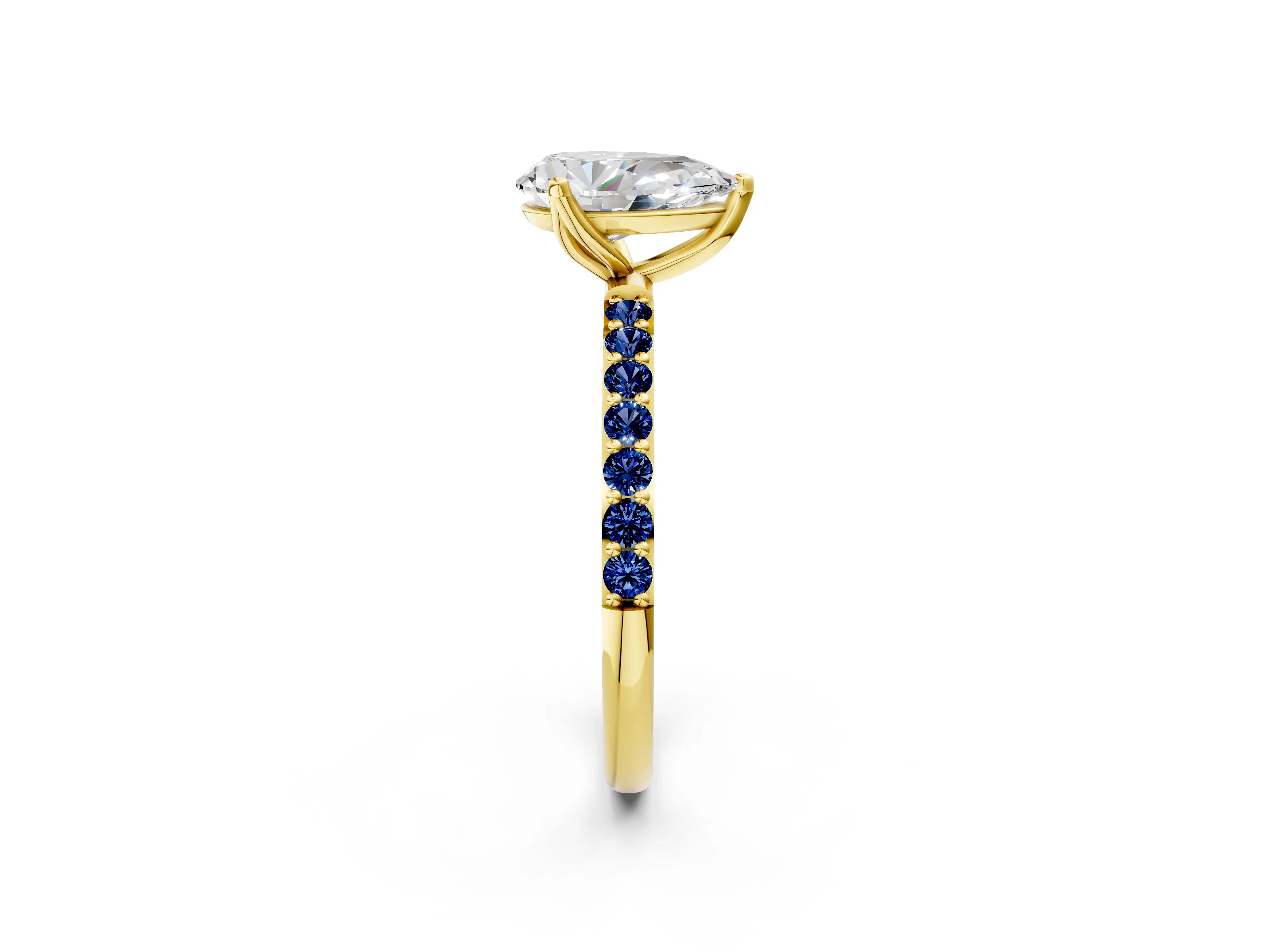 Yellow gold Pear Cut Diamond Solitaire Engagement Ring with Round with Blue Sapphire side stone Pavé Band and Prong Setting_2