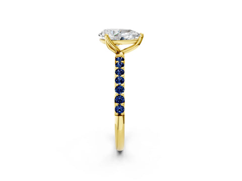 Yellow gold Pear Cut Diamond Solitaire Engagement Ring with Round with Blue Sapphire side stone Pavé Band and Prong Setting_2