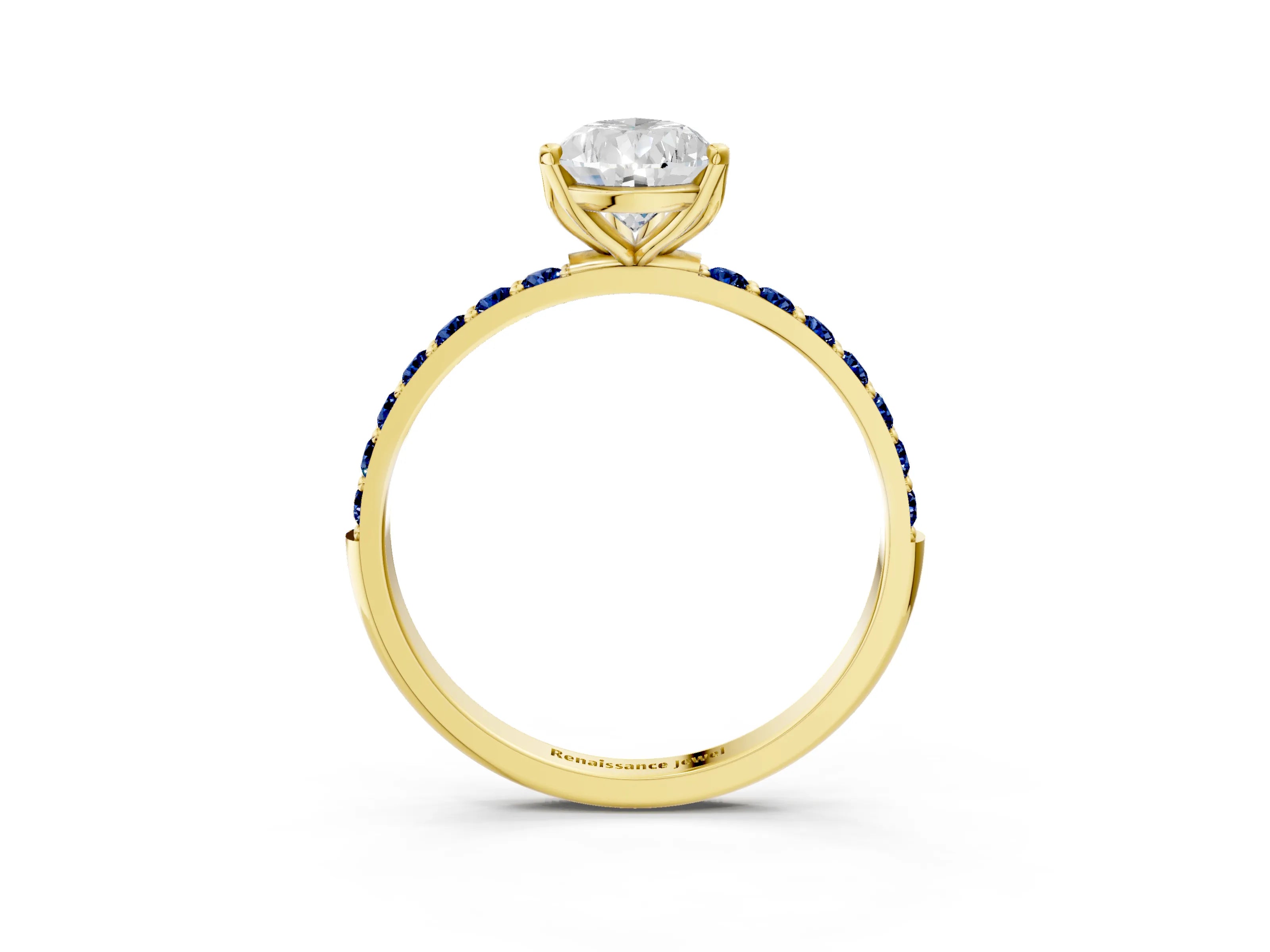 Yellow gold Pear Cut Diamond Solitaire Engagement Ring with Round with Blue Sapphire side stone Pavé Band and Prong Setting_3