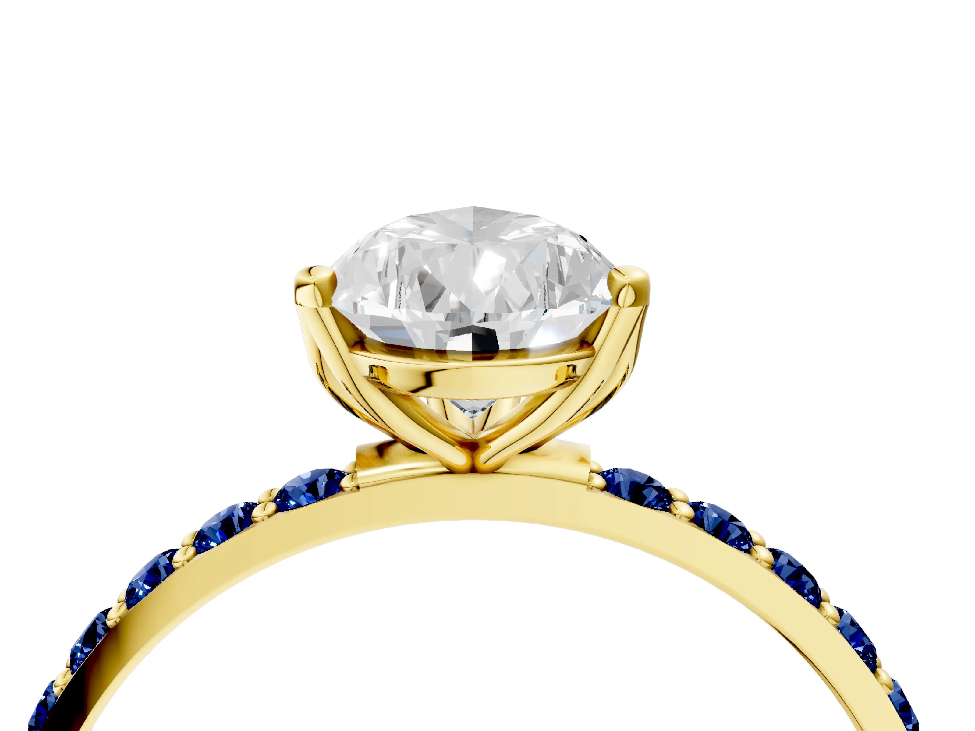Yellow gold Pear Cut Diamond Solitaire Engagement Ring with Round with Blue Sapphire side stone Pavé Band and Prong Setting_4