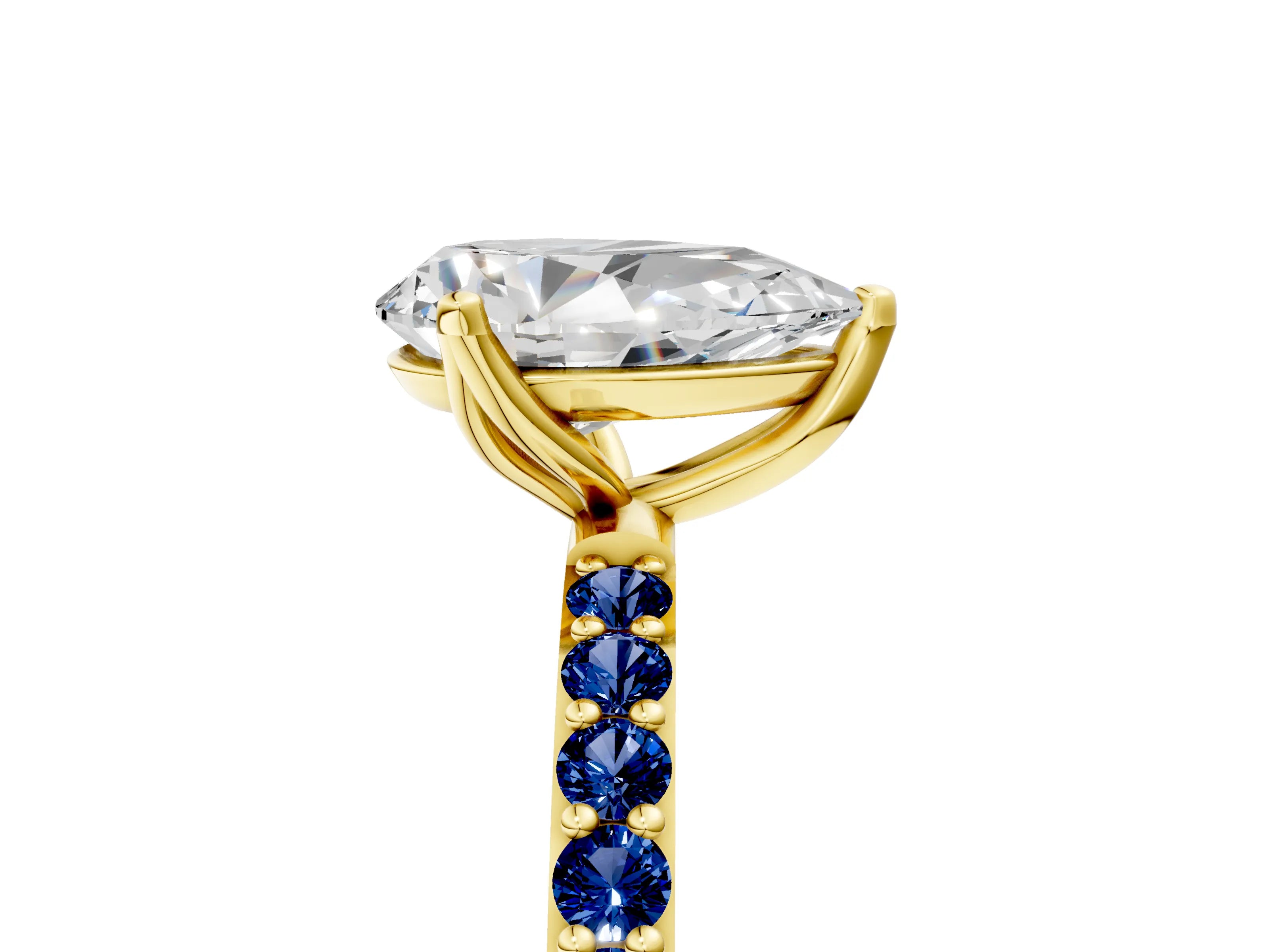 Yellow gold Pear Cut Diamond Solitaire Engagement Ring with Round with Blue Sapphire side stone Pavé Band and Prong Setting_5