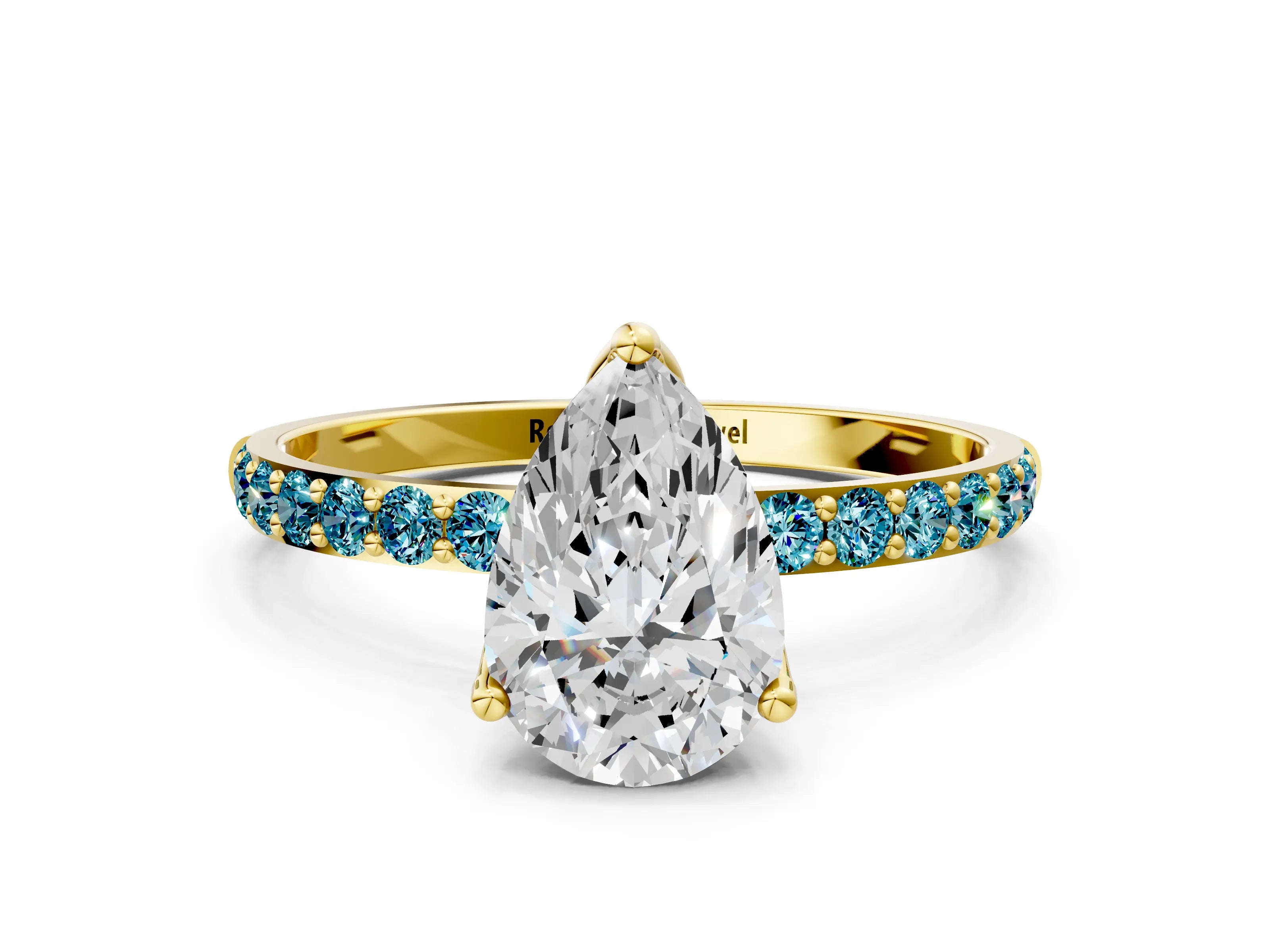 Yellow gold Pear Cut Diamond Solitaire Engagement Ring with Round with Blue Topaz side stone Pavé Band and Prong Setting