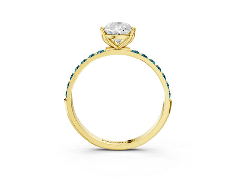 Yellow gold Pear Cut Diamond Solitaire Engagement Ring with Round with Blue Topaz side stone Pavé Band and Prong Setting_3