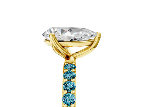 Yellow gold Pear Cut Diamond Solitaire Engagement Ring with Round with Blue Topaz side stone Pavé Band and Prong Setting_5