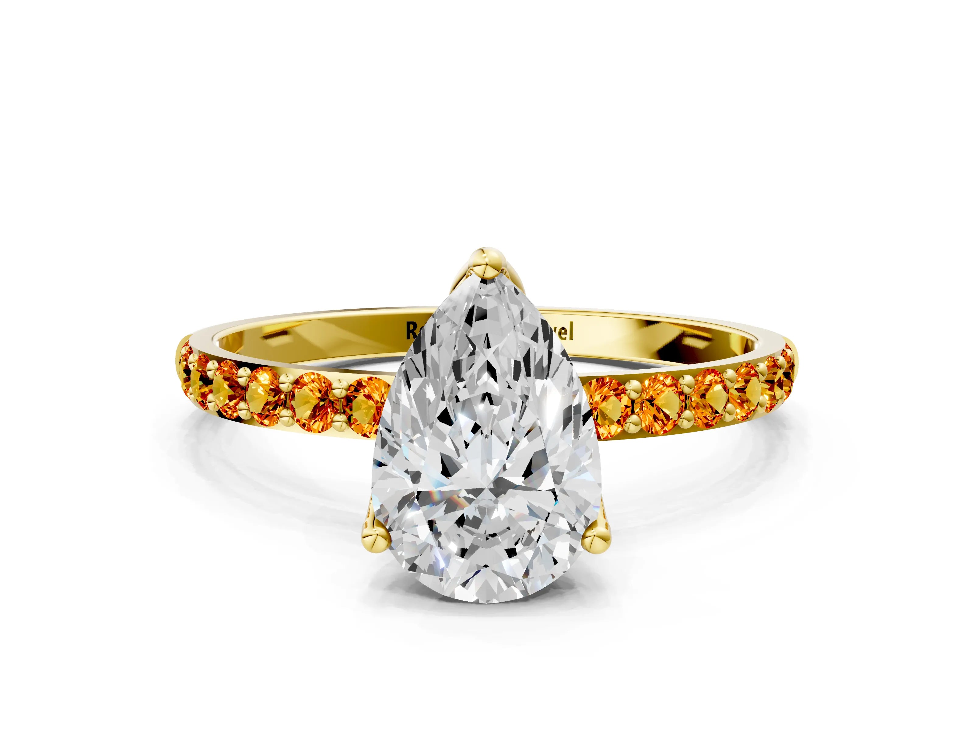 Yellow gold Pear Cut Diamond Solitaire Engagement Ring with Round with Citrine side stone Pavé Band and Prong Setting