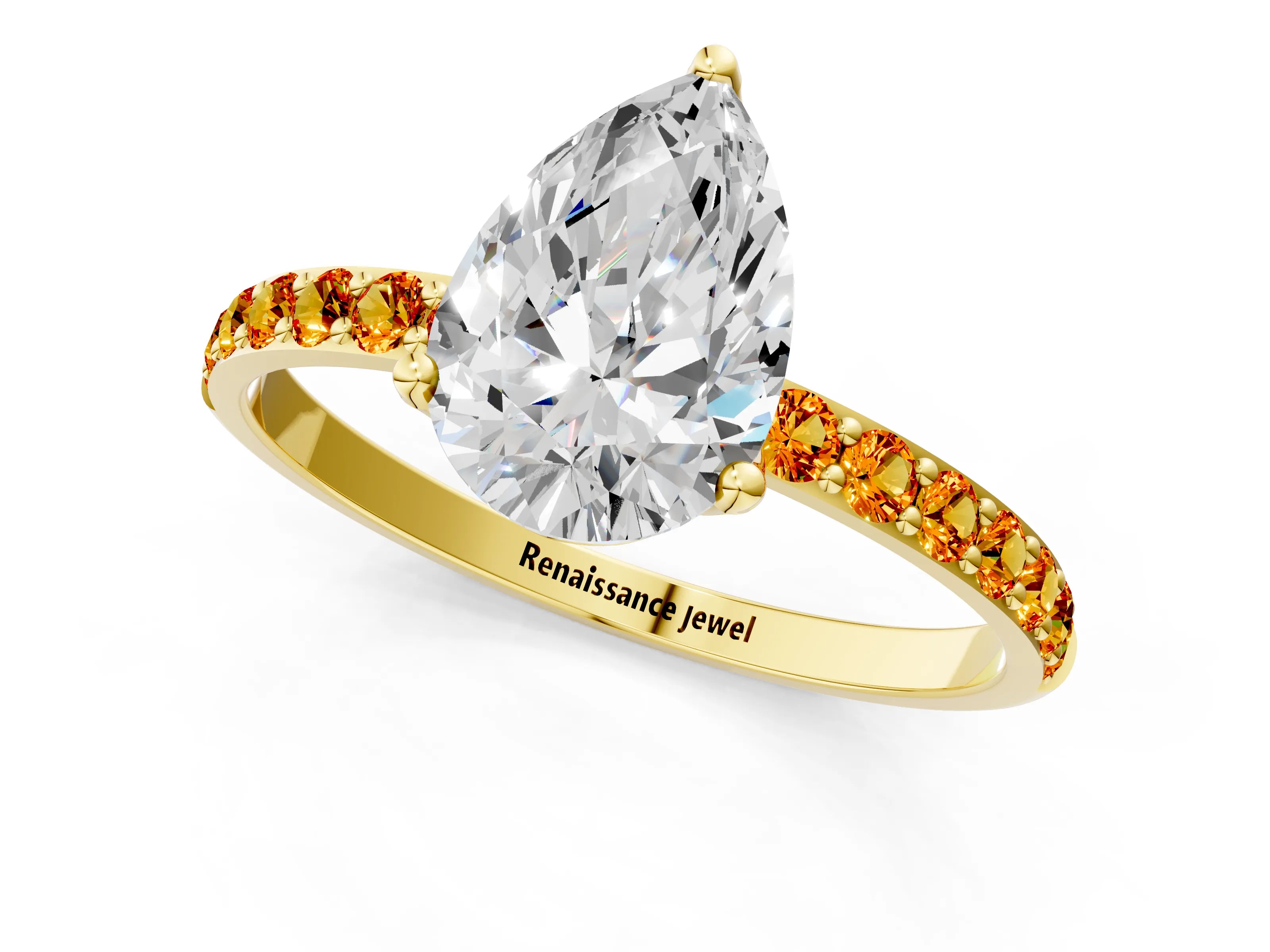 Yellow gold Pear Cut Diamond Solitaire Engagement Ring with Round with Citrine side stone Pavé Band and Prong Setting_1