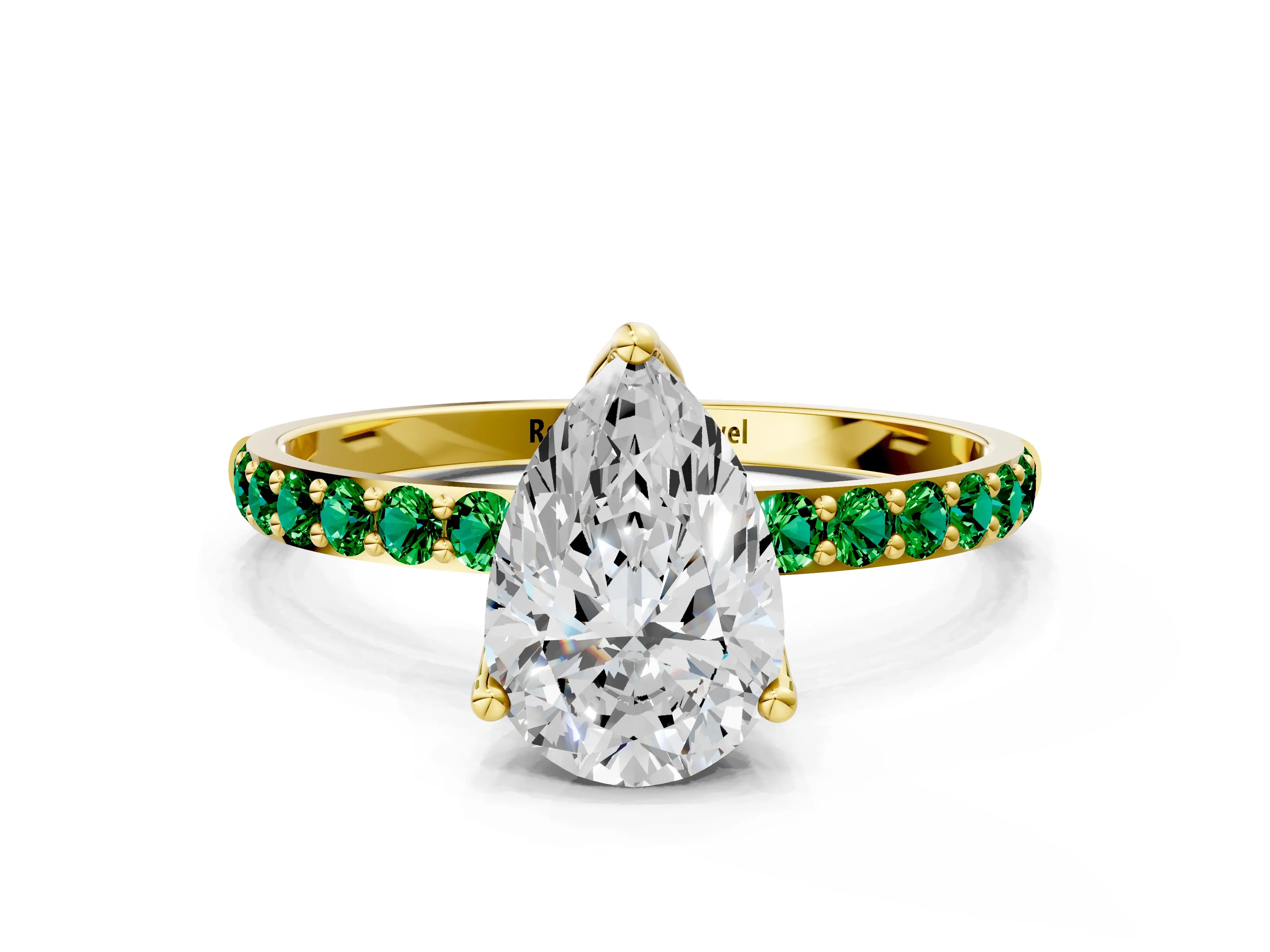 Yellow gold Pear Cut Diamond Solitaire Engagement Ring with Round with Emerald side stone Pavé Band and Prong Setting