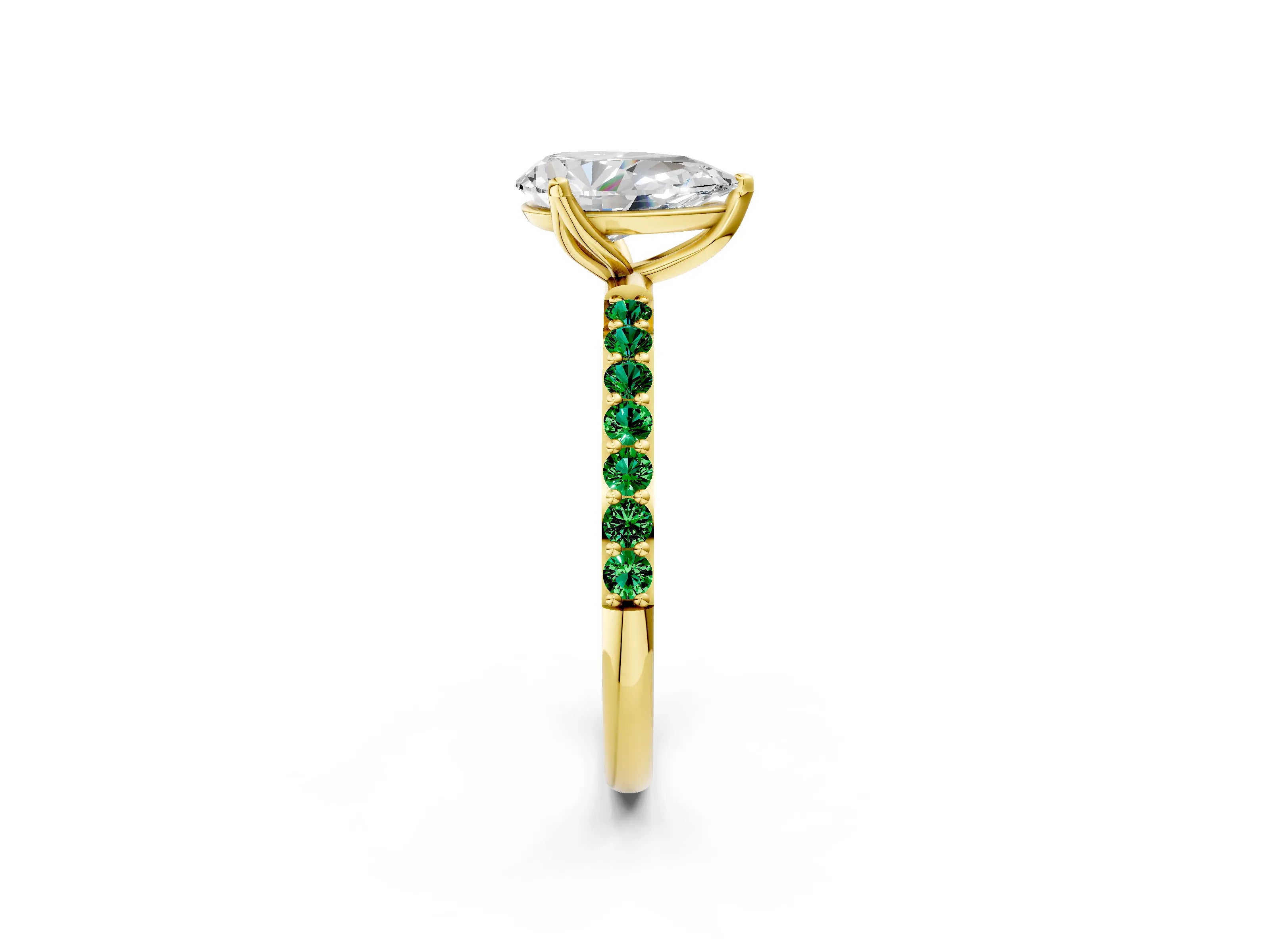 Yellow gold Pear Cut Diamond Solitaire Engagement Ring with Round with Emerald side stone Pavé Band and Prong Setting_2