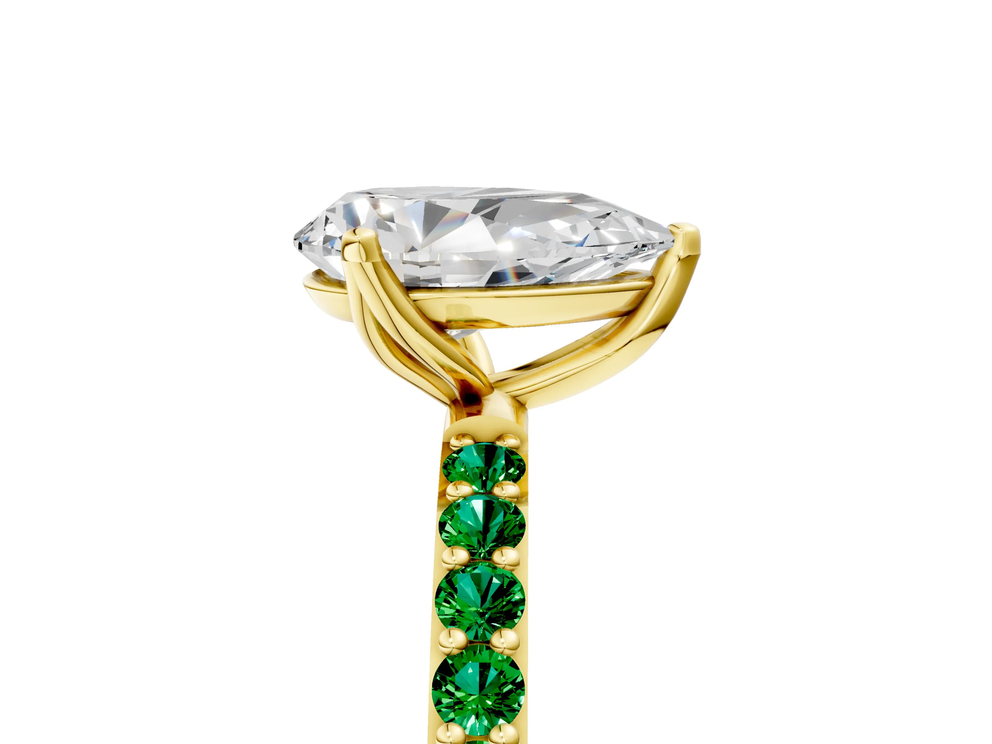 Yellow gold Pear Cut Diamond Solitaire Engagement Ring with Round with Emerald side stone Pavé Band and Prong Setting_5