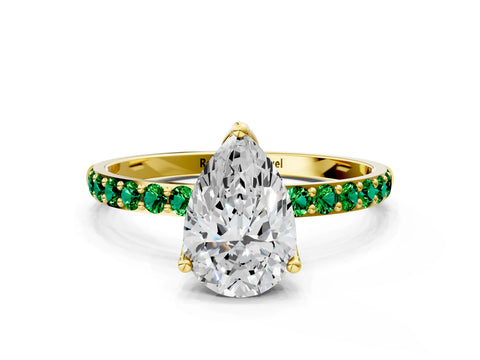 Yellow gold Pear Cut Diamond Solitaire Engagement Ring with Round with Emerald side stone Pavé Band and Prong Setting