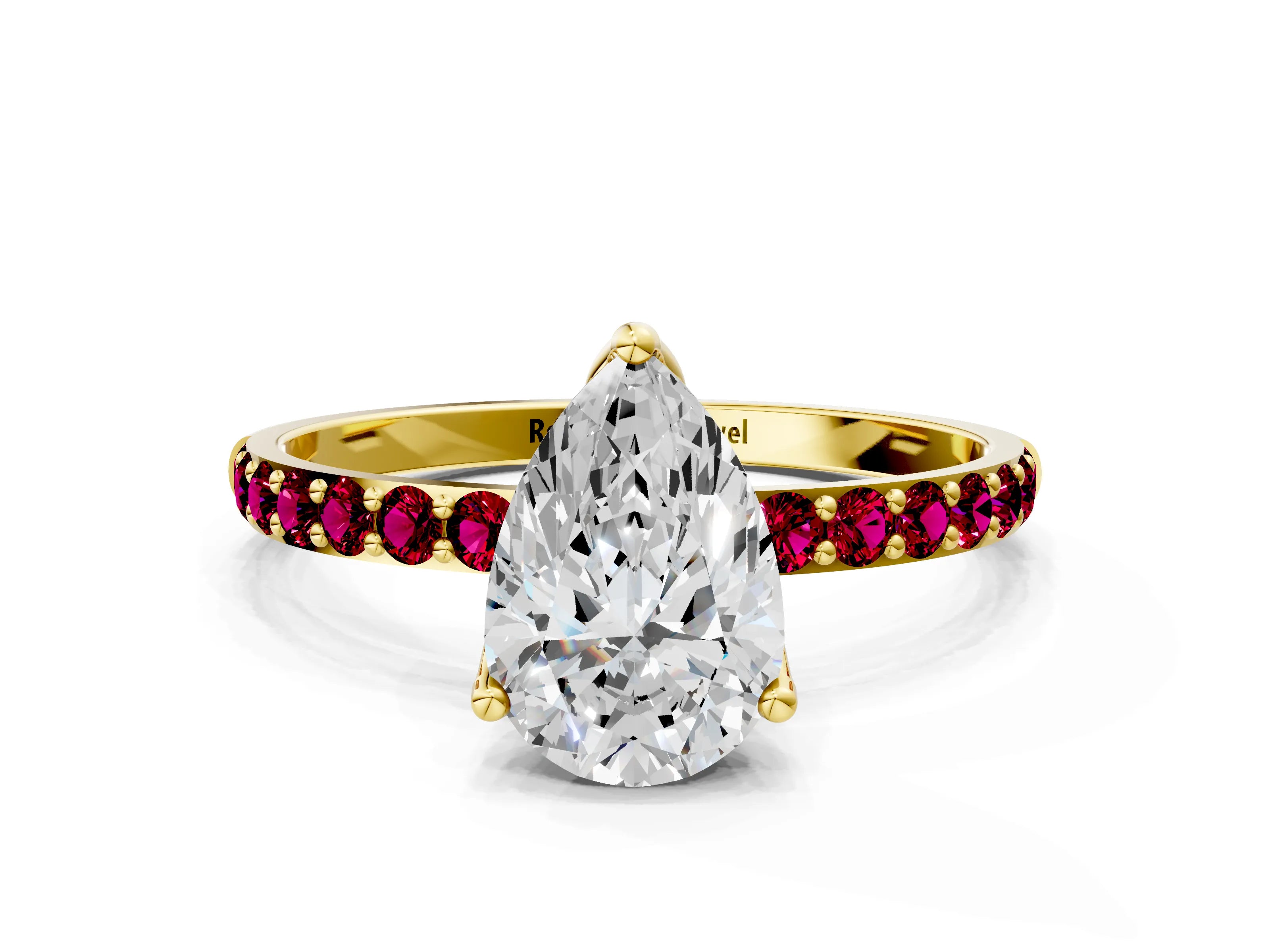 Yellow gold Pear Cut Diamond Solitaire Engagement Ring with Round with Garnet side stone Pavé Band and Prong Setting