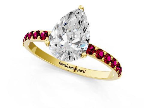 Yellow gold Pear Cut Diamond Solitaire Engagement Ring with Round with Garnet side stone Pavé Band and Prong Setting_1