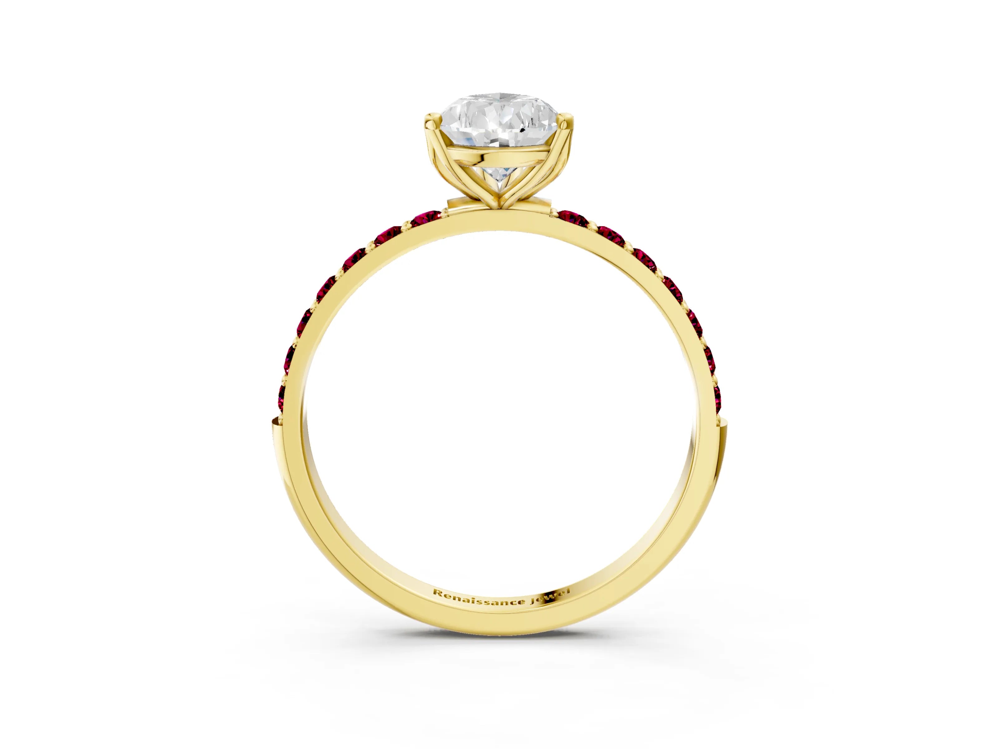 Yellow gold Pear Cut Diamond Solitaire Engagement Ring with Round with Garnet side stone Pavé Band and Prong Setting_3
