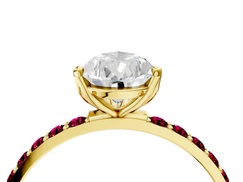 Yellow gold Pear Cut Diamond Solitaire Engagement Ring with Round with Garnet side stone Pavé Band and Prong Setting_4