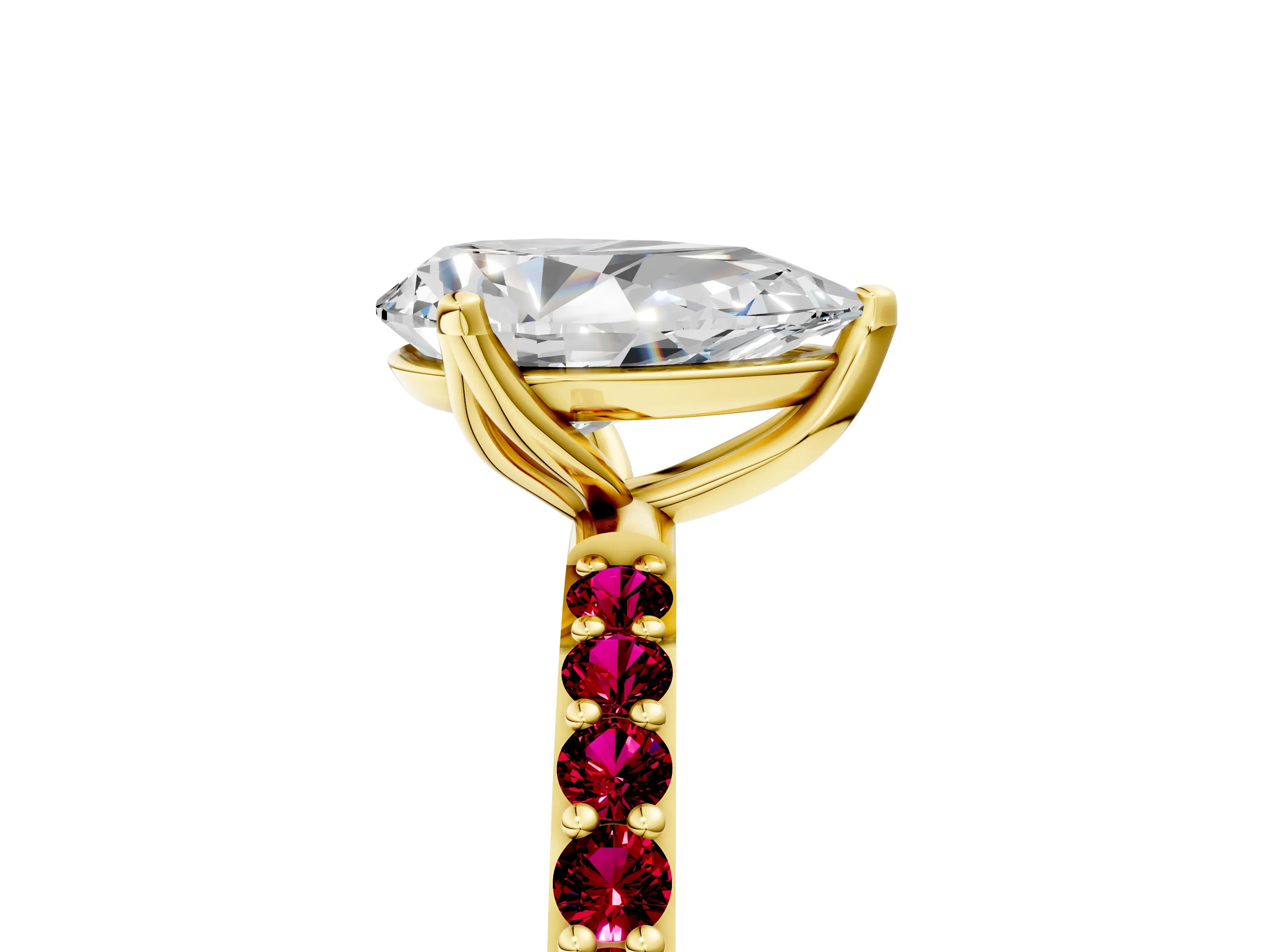 Yellow gold Pear Cut Diamond Solitaire Engagement Ring with Round with Garnet side stone Pavé Band and Prong Setting_5