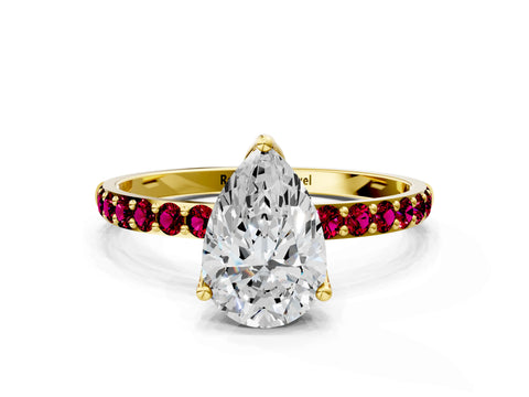 Yellow gold Pear Cut Diamond Solitaire Engagement Ring with Round with Garnet side stone Pavé Band and Prong Setting