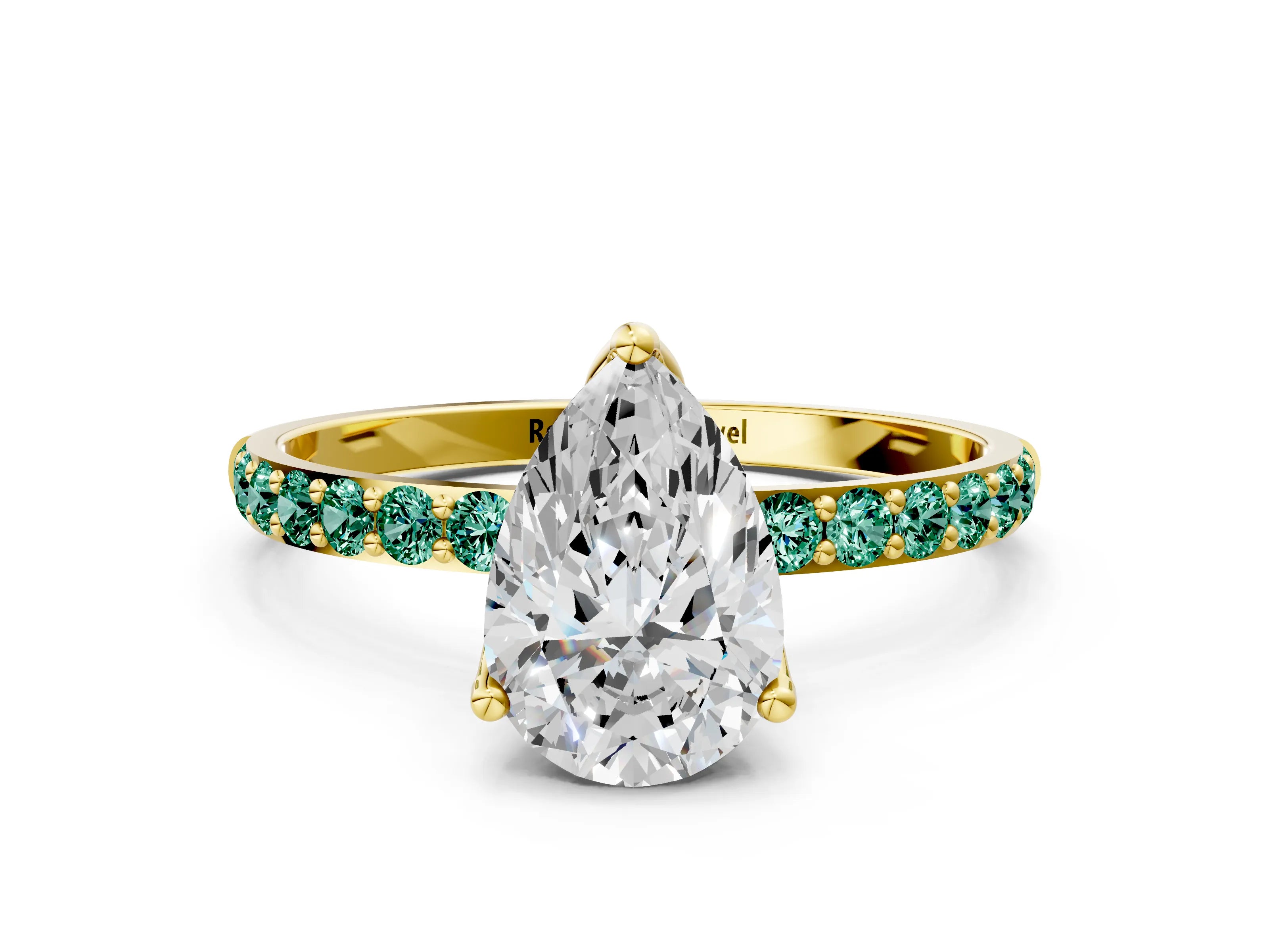 Yellow gold Pear Cut Diamond Solitaire Engagement Ring with Round with Green Sapphire side stone Pavé Band and Prong Setting