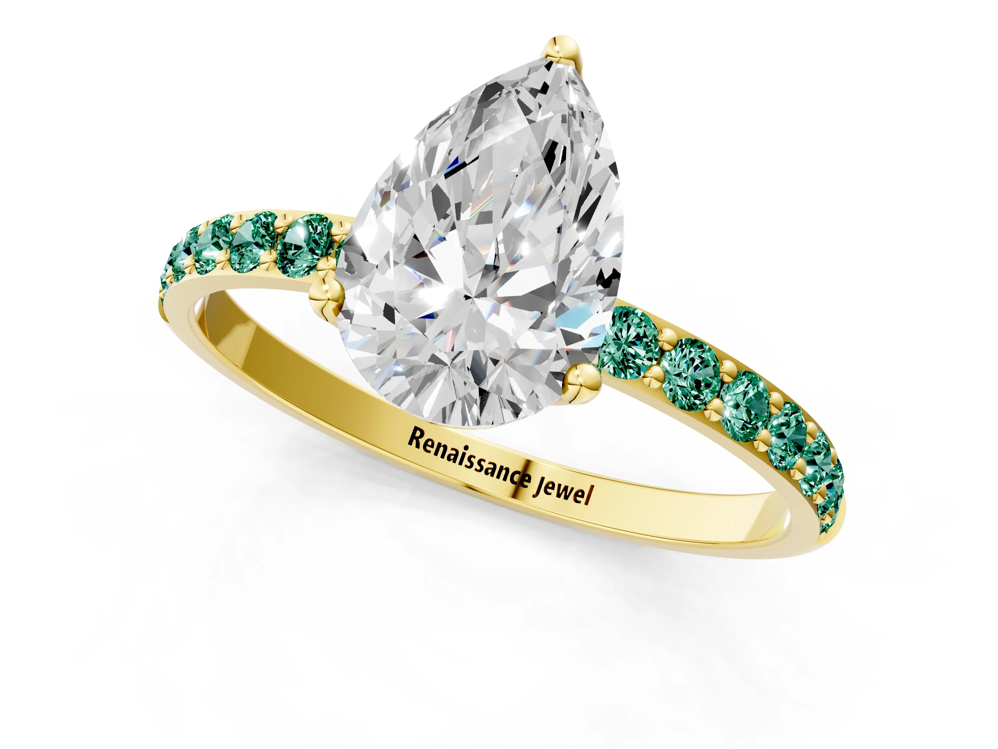Yellow gold Pear Cut Diamond Solitaire Engagement Ring with Round with Green Sapphire side stone Pavé Band and Prong Setting_1
