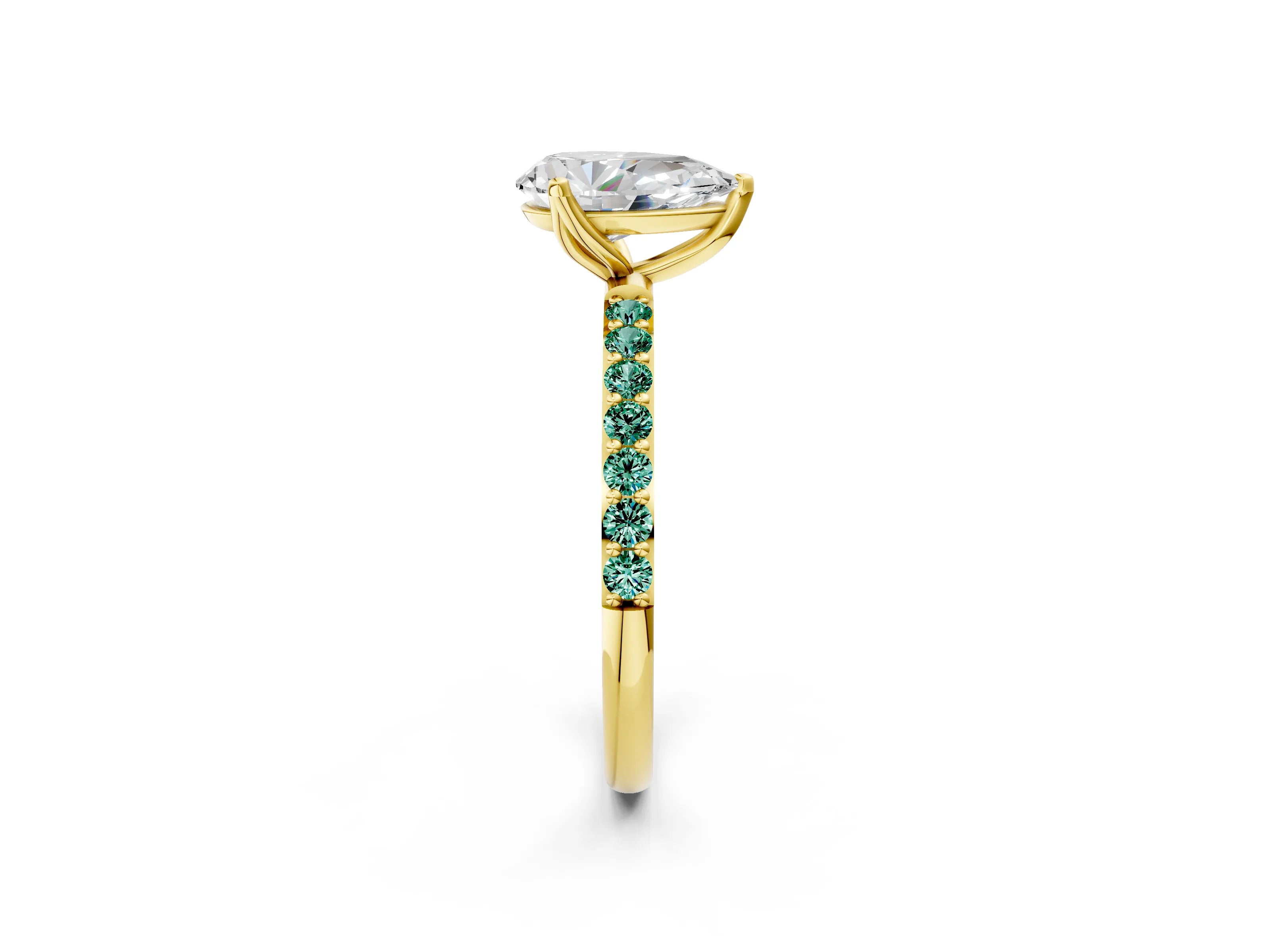 Yellow gold Pear Cut Diamond Solitaire Engagement Ring with Round with Green Sapphire side stone Pavé Band and Prong Setting_2