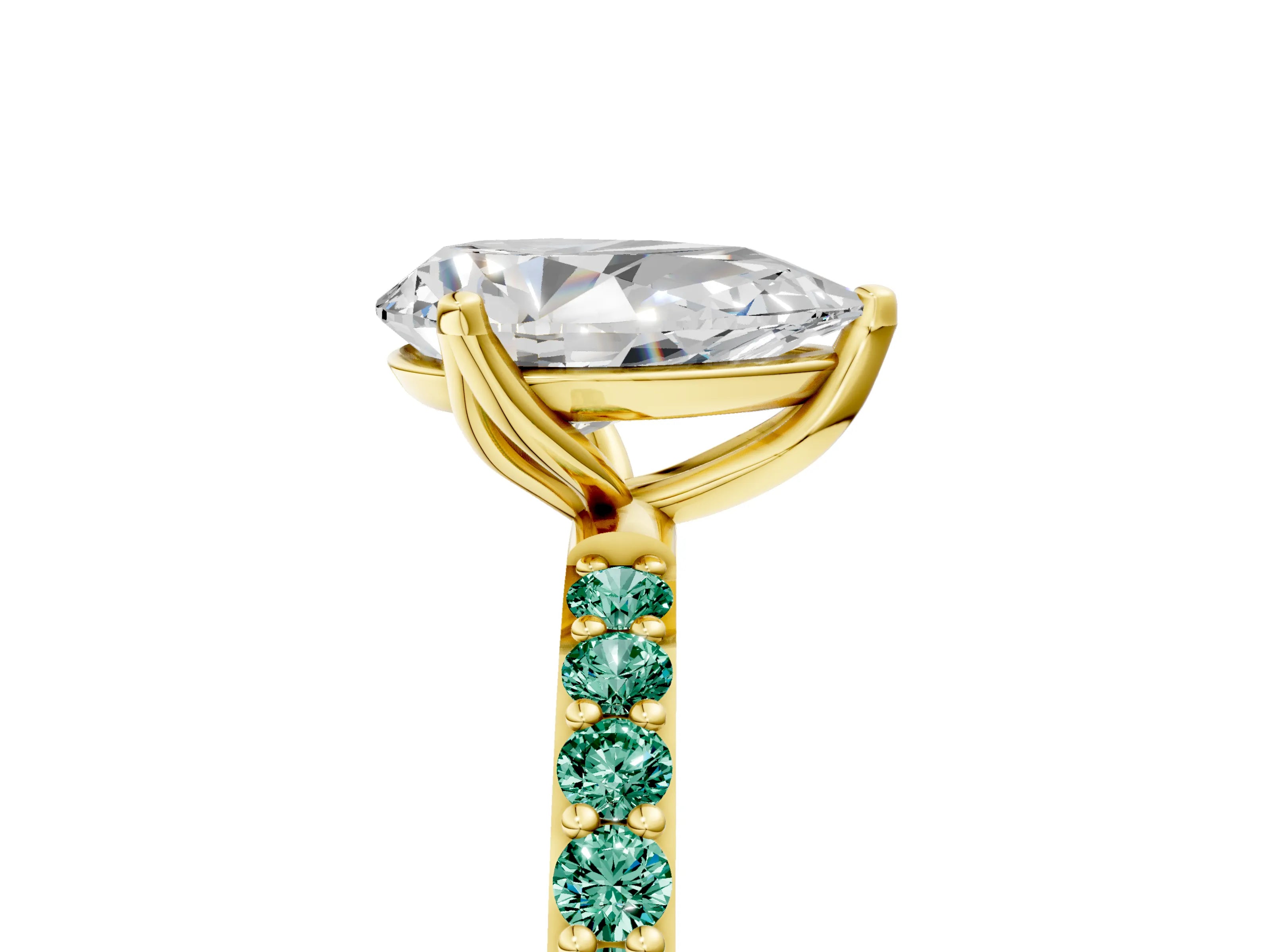 Yellow gold Pear Cut Diamond Solitaire Engagement Ring with Round with Green Sapphire side stone Pavé Band and Prong Setting_5