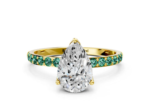 Yellow gold Pear Cut Diamond Solitaire Engagement Ring with Round with Green Sapphire side stone Pavé Band and Prong Setting