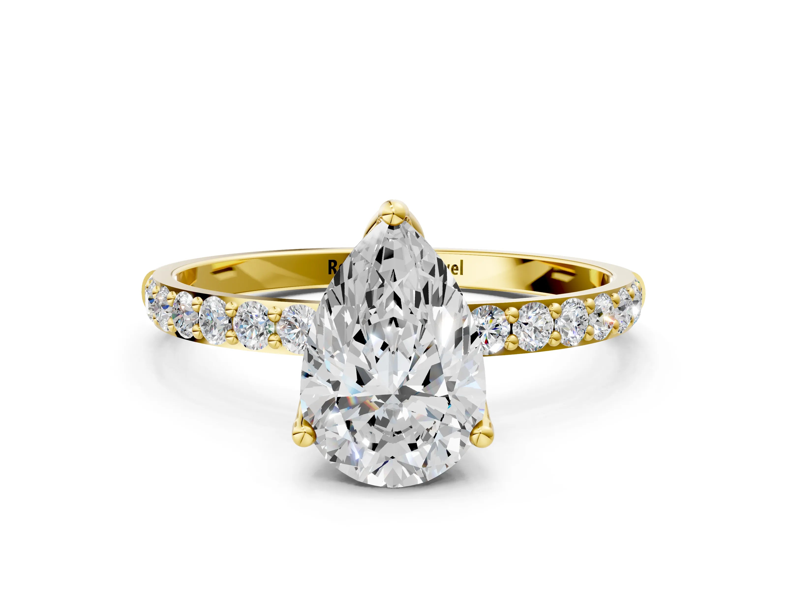 Yellow gold Pear Cut Diamond Solitaire Engagement Ring with Round with Moissanite side stone Pavé Band and Prong Setting
