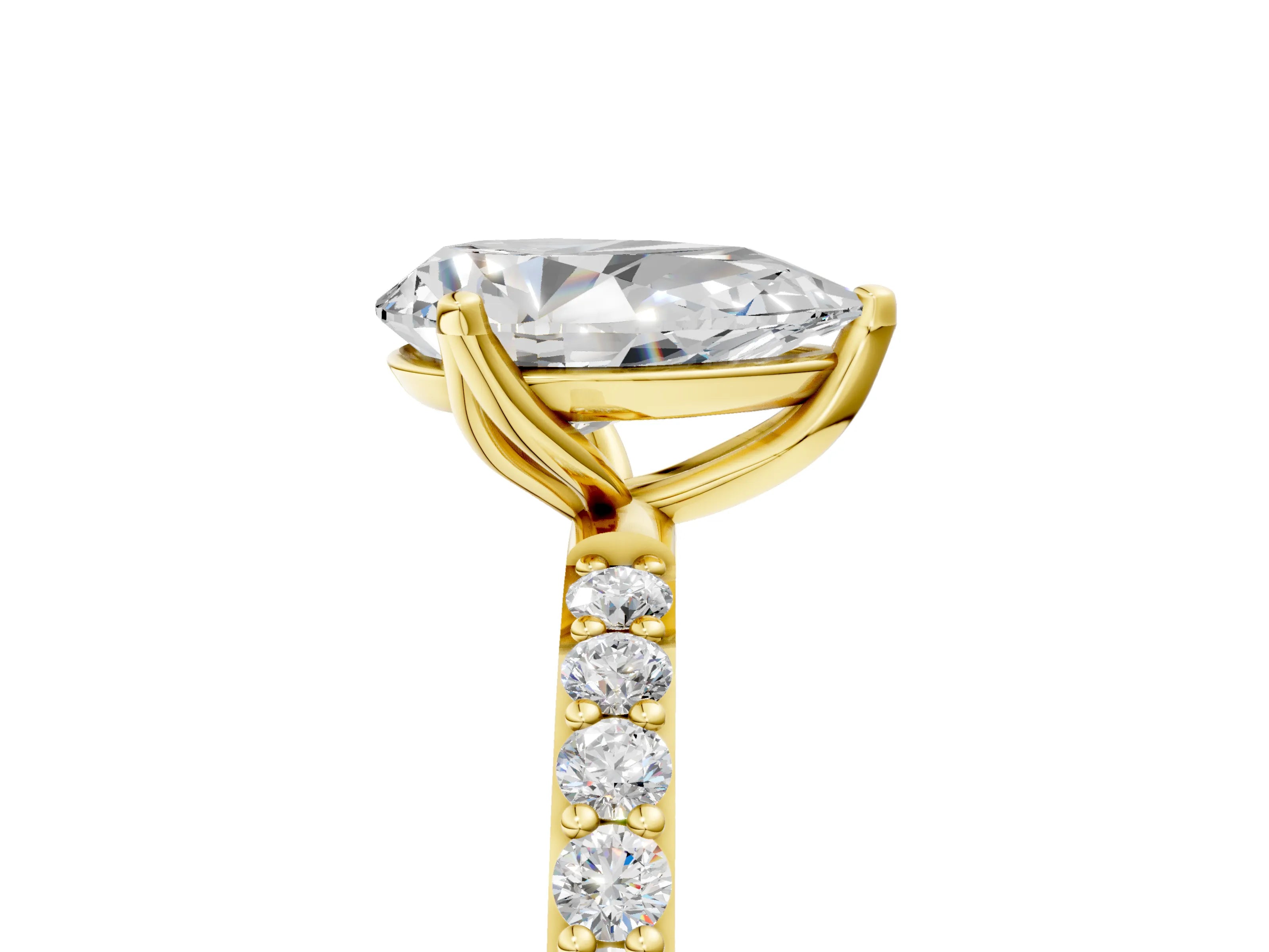 Yellow gold Pear Cut Diamond Solitaire Engagement Ring with Round with Moissanite side stone Pavé Band and Prong Setting_5