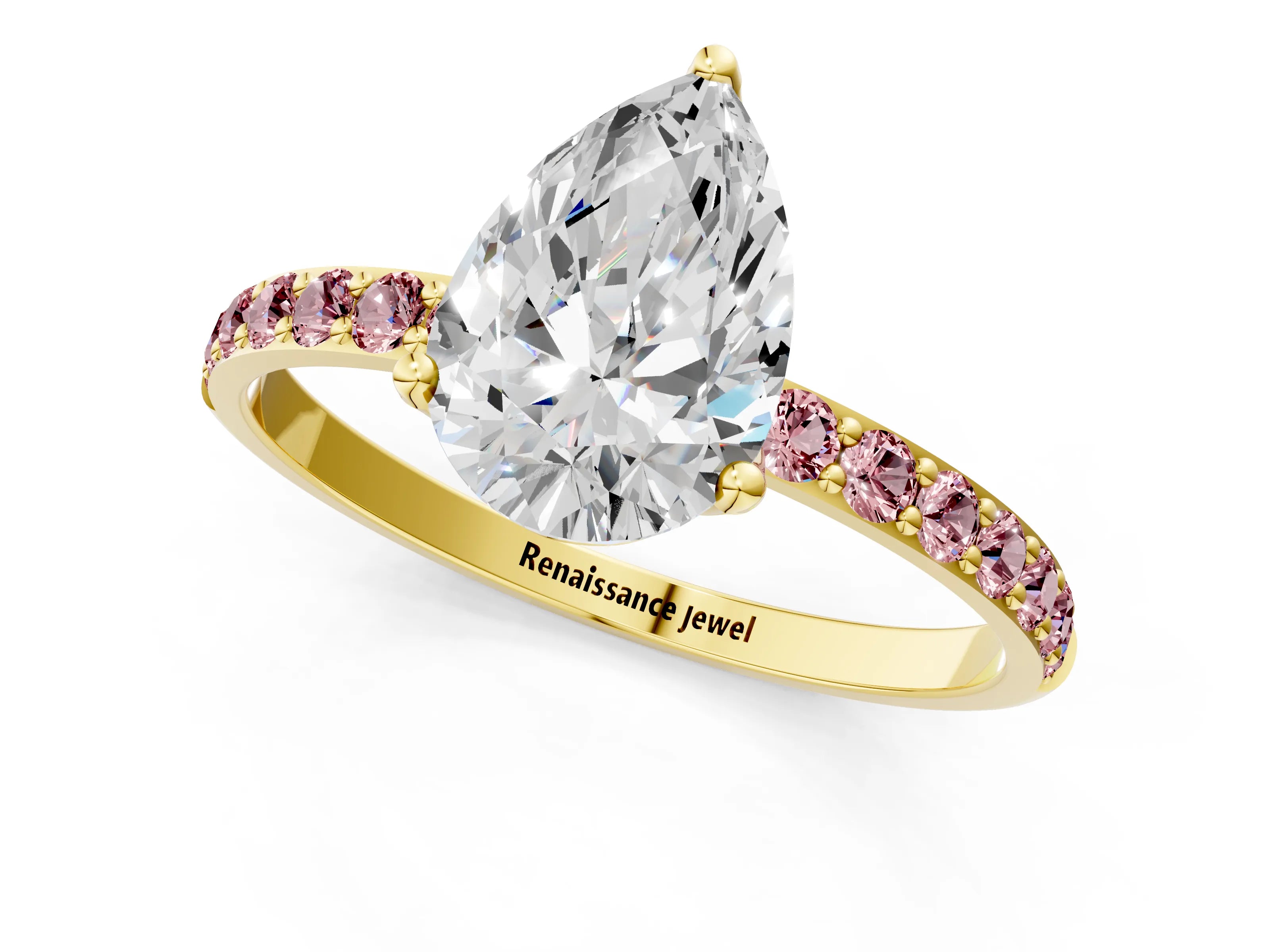 Yellow gold Pear Cut Diamond Solitaire Engagement Ring with Round with Morganite side stone Pavé Band and Prong Setting_1