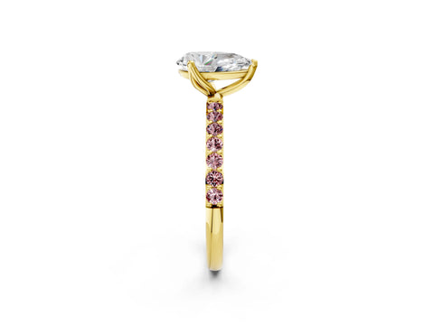 Yellow gold Pear Cut Diamond Solitaire Engagement Ring with Round with Morganite side stone Pavé Band and Prong Setting_2