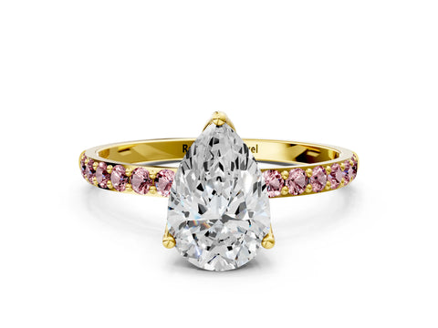 Yellow gold Pear Cut Diamond Solitaire Engagement Ring with Round with Morganite side stone Pavé Band and Prong Setting